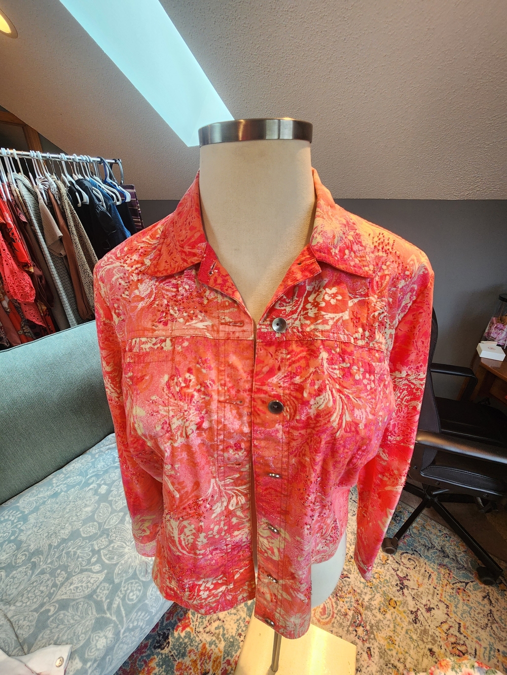 Coldwater Creek Pink Patterned Button-Front Jacket W Beading Cotton Large